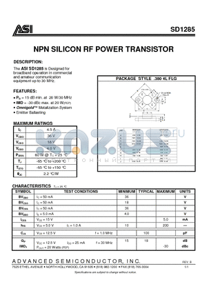 SD1285 datasheet - NPN SILICON RF POWER TRANSISTOR