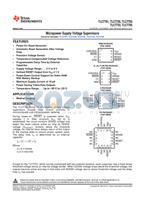 TLC7705 datasheet - Micropower Supply Voltage Supervisors