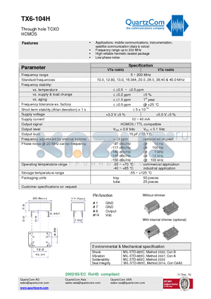 TX6-104H datasheet - Through hole TCXO HCMOS High reliable hermetic sealed package