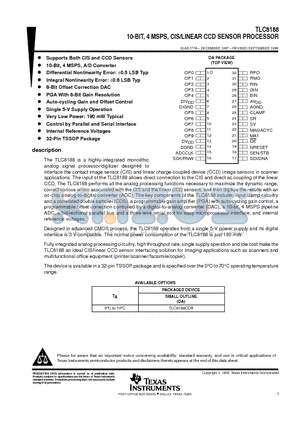 TLC8188DA datasheet - 10-BIT, 4 MSPS, CIS/LINEAR CCD SENSOR PROCESSOR