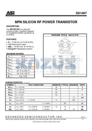 SD1407 datasheet - NPN SILICON RF POWER  TRANSISTOR
