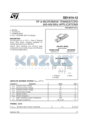 SD1414-12 datasheet - RF & MICROWAVE TRANSISTORS 800-900 MHz APPLICATIONS