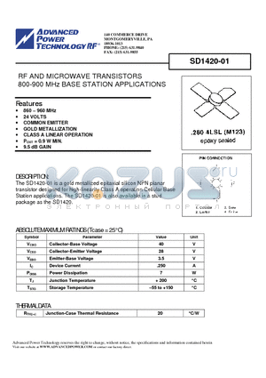 SD1420-01 datasheet - RF AND MICROWAVE TRANSISTORS 800-900 MHz BASE STATION APPLICATIONS