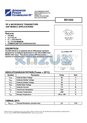 SD1422 datasheet - RF & MICROWAVE TRANSISTORS UHF MOBILE APPLICATIONS