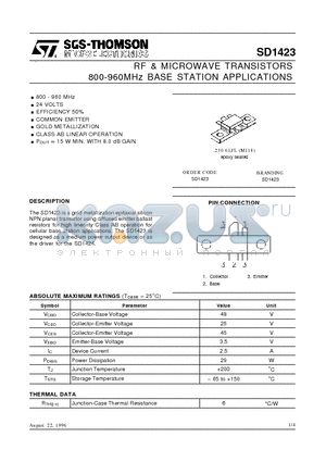 SD1423 datasheet - RF & MICROWAVE TRANSISTORS 800-960MHz BASE STATION APPLICATIONS