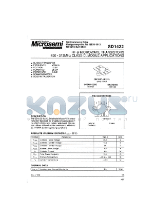 SD1422 datasheet - RF & MICROWAVE TRANSISTORS 450-512 MHz CLASS C,  MOBILE APPLICATIONS