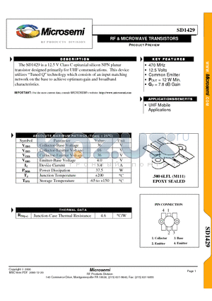 SD1429 datasheet - RF & MICROWAVE TRANSISTORS