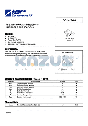 SD1429-03 datasheet - RF & MICROWAVE TRANSISTORS UHF MOBILE APPLICATIONS