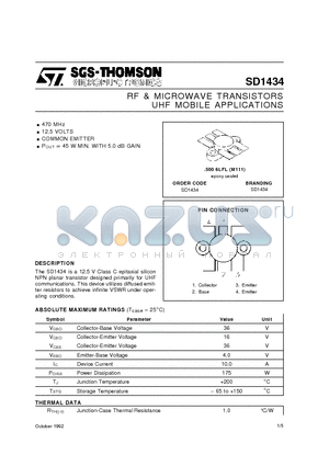 SD1434 datasheet - RF & MICROWAVE TRANSISTORS UHF MOBILE APPLICATIONS