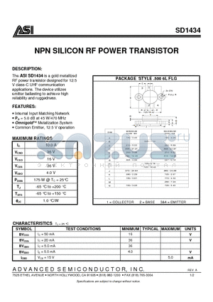 SD1434 datasheet - NPN SILICON RF POWER TRANSISTOR