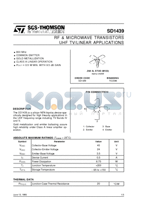 SD1439 datasheet - RF & MICROWAVE TRANSISTORS UHF TV/LINEAR APPLICATIONS