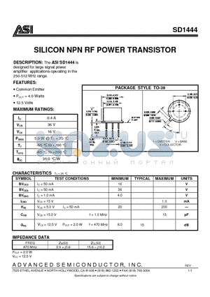 SD1444 datasheet - SILICON NPN RF POWER TRANSISTOR