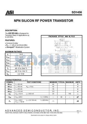 SD1456 datasheet - NPN SILICON RF POWER TRANSISTOR