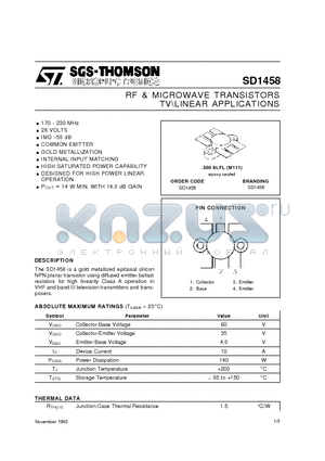 SD1458 datasheet - RF & MICROWAVE TRANSISTORS TVLINEAR APPLICATIONS