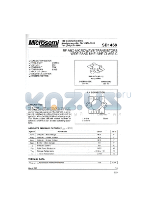 SD1468 datasheet - RF AND MICROWAVE TRANSISTORS WIDEBAND VHF-UHF CLASS C