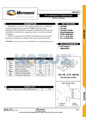 SD1474 datasheet - RF & MICROWAVE TRANSISTORS