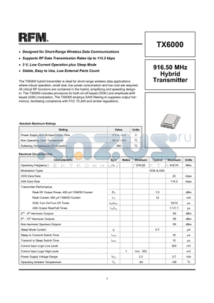 TX6000 datasheet - 916.50 MHz Hybrid Transmitter