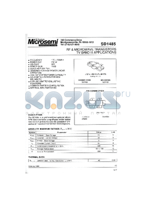 SD1485 datasheet - RF & MICROWAVE TRANSISTORS TV BAND III APPLICATIONS