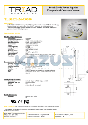 TLD1020-24-C0700 datasheet - Switch Mode Power Supplies Encapsulated Constant Current