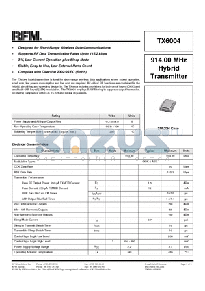 TX6004 datasheet - 914.00 MHz Hybrid Transmitter