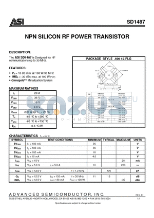 SD1487 datasheet - NPN SILICON RF POWER TRANSISTOR