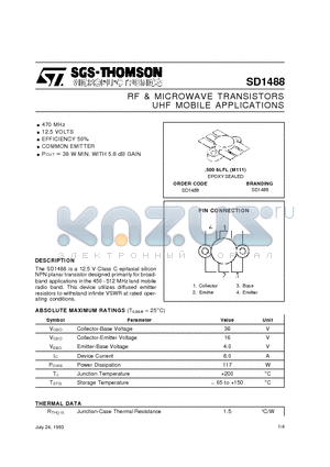 SD1488 datasheet - RF & MICROWAVE TRANSISTORS UHF MOBILE APPLICATIONS