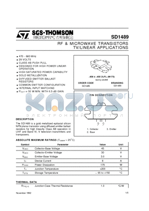 SD1489 datasheet - RF & MICROWAVE TRANSISTORS TV/LINEAR APPLICATIONS