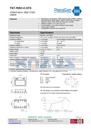 TX7-705C-C-ST3 datasheet - STRATUM III SMD TCXO CMOS Compatible to the DFA S2 (Fordahl SA)