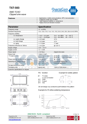 TX7-503 datasheet - SMD TCXO Clipped sine wave Tight frequency stability vs. temperature