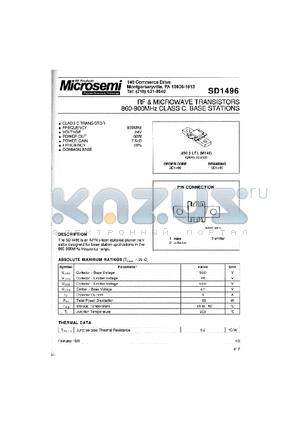 SD1496 datasheet - RF & MICROWAVE TRANSISTORS 860-900 MHz CLASS C, BASE STATIONS