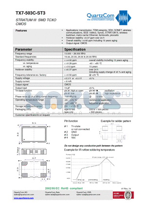 TX7-503C-ST3 datasheet - STRATUM III SMD TCXO CMOS Overall stability: a4.60 ppm including 20 years aging