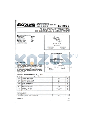 SD1496-3 datasheet - RF & MICROWAVE TRANSISTORS 900-960 MHz CLASS C BASE STATIONS