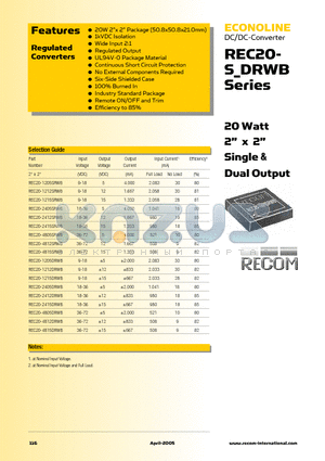 REC20-1205DRWB datasheet - 20 Watt 2 inch x 2 inch Single & Dual Output
