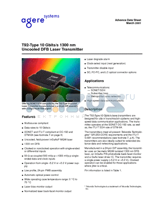 T92 datasheet - T92-Type 10 Gbits/s 1300 nm Uncooled DFB Laser Transmitter