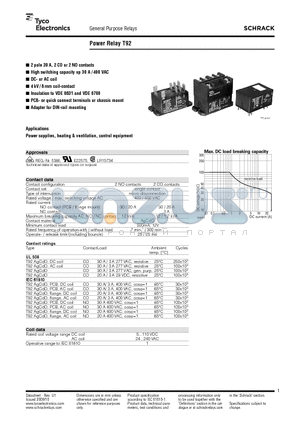 T92 datasheet - 2 pole 30 A, 2 CO or 2 NO contacts