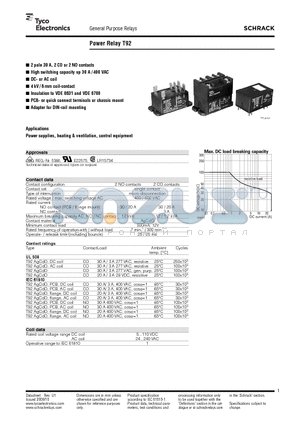 T92P11A22-24 datasheet - 2 pole 30 A, 2 CO or 2 NO contacts