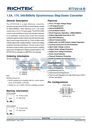 RT7251A datasheet - 1.5A, 17V, 340/800kHz Synchronous Step-Down Converter