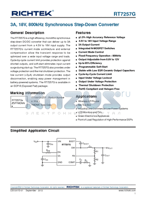 RT7257G datasheet - 3A, 18V, 800kHz Synchronous Step-Down Converter