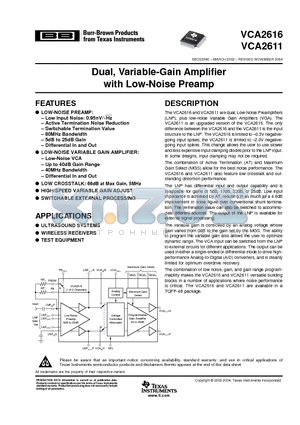 VCA2611 datasheet - Dual, Variable-Gain Amplifier with Low-Noise Preamp