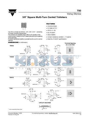 T93 datasheet - 3/8 Square Multi-Turn Cermet Trimmers