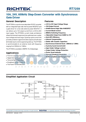 RT7259 datasheet - 10A, 24V, 600kHz Step-Down Converter with Synchronous Gate Driver