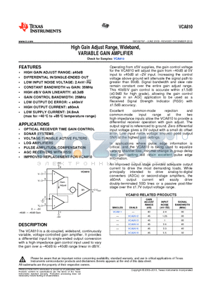 VCA2612 datasheet - High Gain Adjust Range, Wideband, VARIABLE GAIN AMPLIFIER