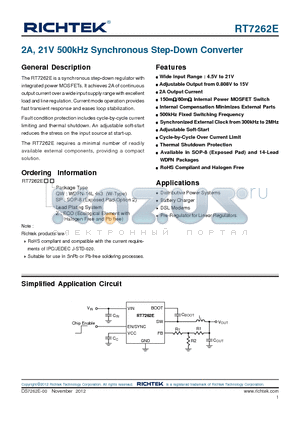 RT7262E datasheet - 2A, 21V 500kHz Synchronous Step-Down Converter