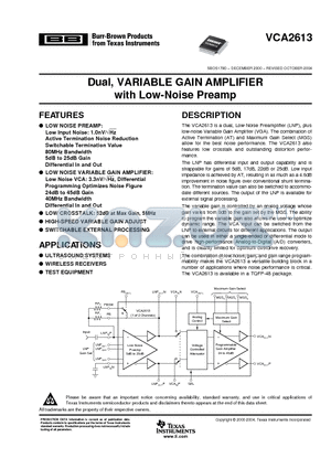 VCA2613Y/250 datasheet - Dual, VARIABLE GAIN AMPLIFIER with Low-Noise Preamp