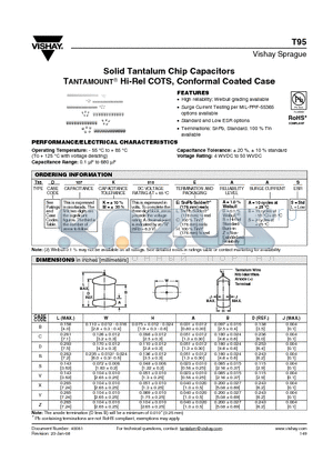 T95B107M010EAAS datasheet - Solid Tantalum Chip Capacitors TANTAMOUNT^ Hi-Rel COTS, Conformal Coated Case