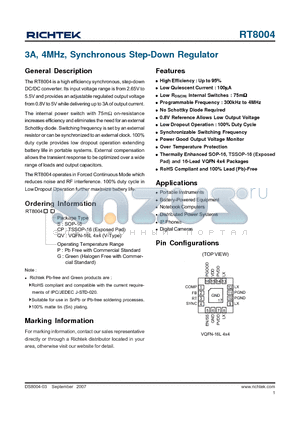 RT8004QS datasheet - 3A, 4MHz, Synchronous Step-Down Regulator