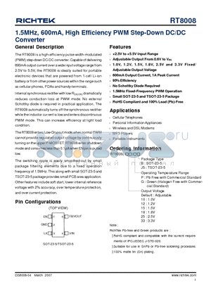 RT8008-10QB datasheet - 1.5MHz, 600mA, High Efficiency PWM Step-Down DC/DC Converter