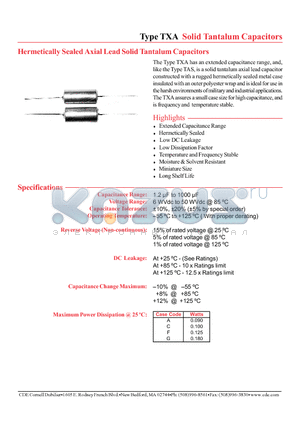 TXA105J020P1F datasheet - Hermetically Sealed Axial Lead Solid Tantalum Capacitors