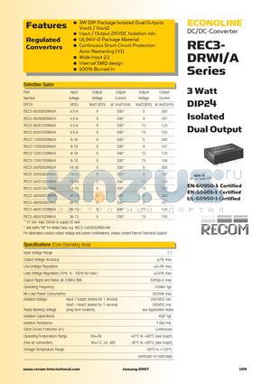 REC3-050505DRWI datasheet - 3 Watt DIP24 Isolated Dual Output