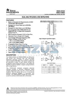 SN65LVDS22PWR datasheet - DUAL MULTIPLEXED LVDS REPEATERS